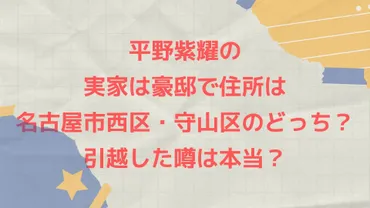 平野紫耀の実家は豪邸で住所は名古屋市西区・守山区のどっち？引越した噂は本当？ 