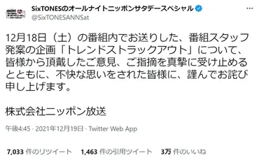 ニッポン放送、SixTONES番組企画で謝罪...詳細説明なし 神田沙也加さん巡るファンツイート物議: J