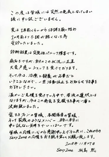 セクゾ松島がパニック障害で休養【直筆全文】 ２１歳誕生日に美文字で記す/芸能/デイリースポーツ online