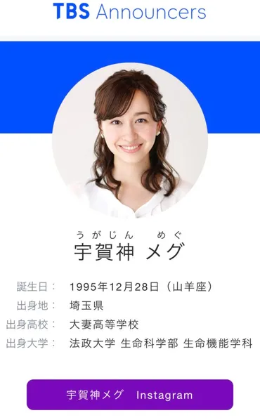TBSの朝の顔、元気をお届け～ ゛木に成る゛女子アナ宇賀神メグ（うがじんめぐ）さんはどんな人？ 彼氏はいるのかな？ –  🍉🍋🍓フルーツな気持ち🍒🍌🍇