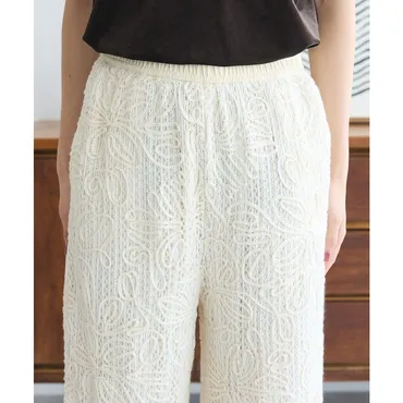 グリーン パークス Green Parks コード刺繍レースイージーワイドパンツ （アイボリー） 